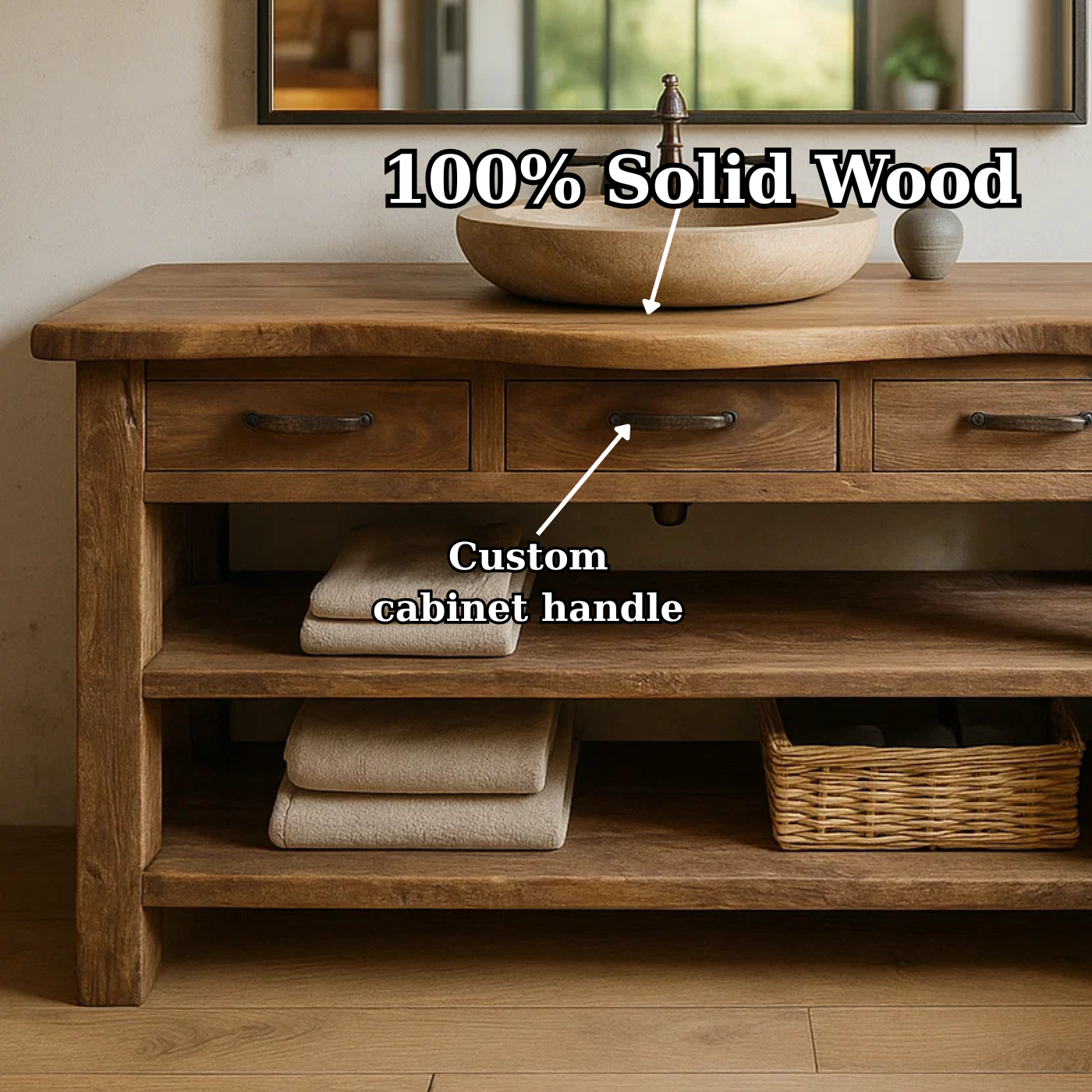 Handcrafted Solid Wood Bathroom Vanity with Curved Live-Edge Top and Triple Storage Drawers Kitchnce