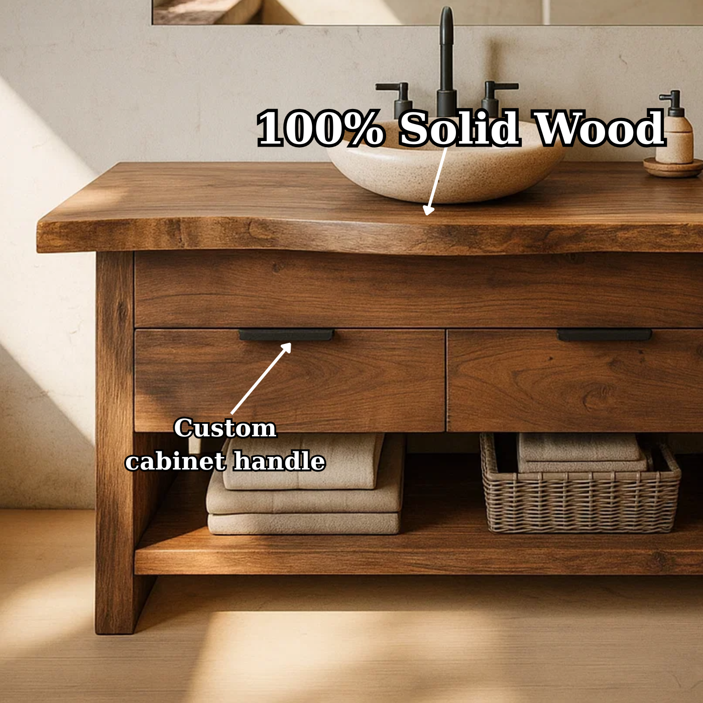 Handcrafted Solid Wood Bathroom Vanity with Live Edge Top and Open Storage Shelf Kitchnce