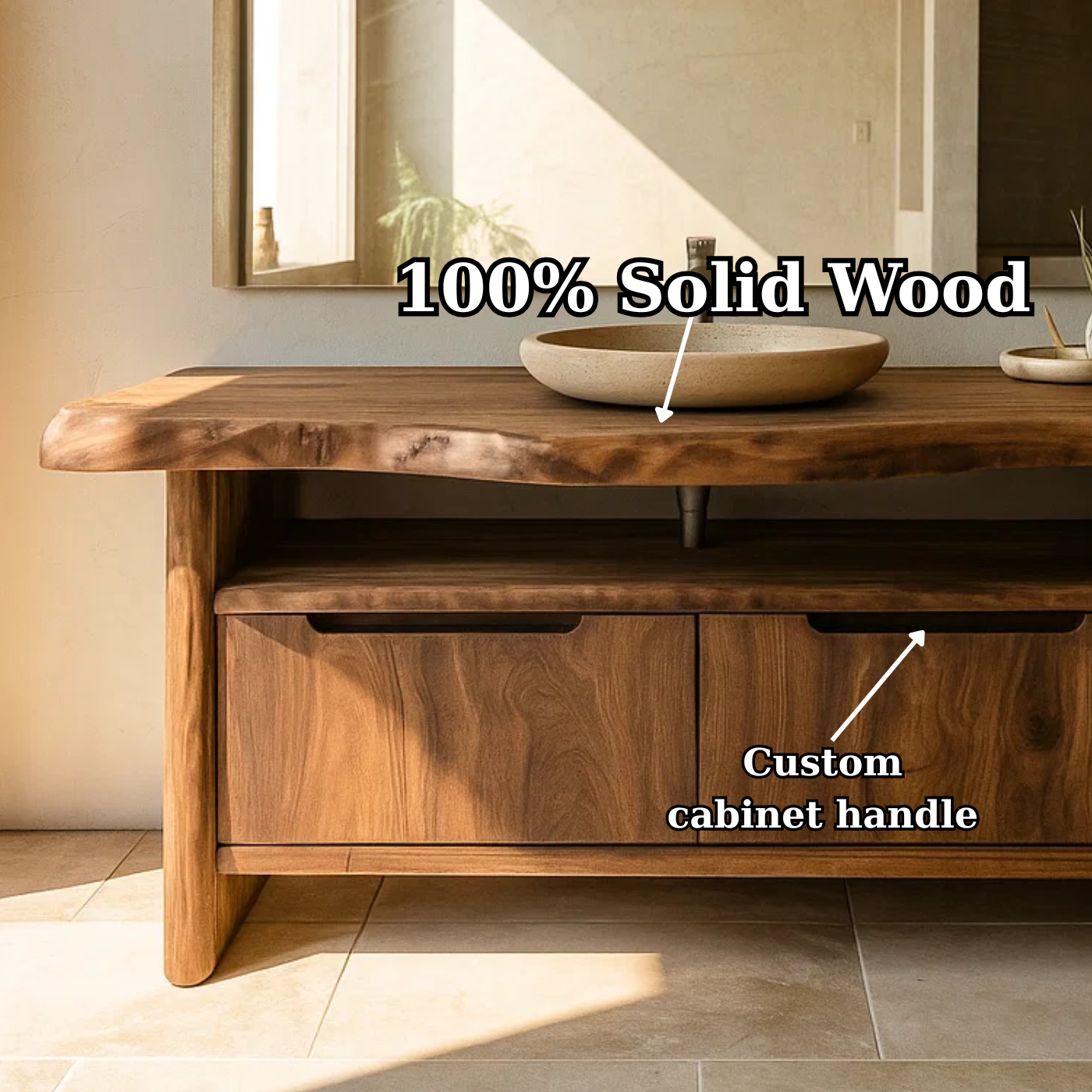 Handcrafted Solid Wood Bathroom Vanity with Live-Edge Walnut Top & Soft-Close Doors Kitchnce