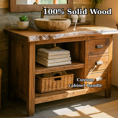 Handcrafted Solid Wood Bathroom Vanity with Live-Edge Top and Spacious Open Storage Kitchnce