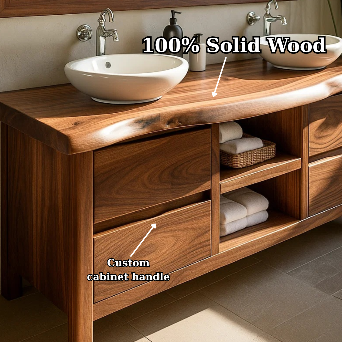 Handcrafted Solid Wood Bathroom Vanity - Live Edge Walnut, Drawers & Open Shelving Kitchnce