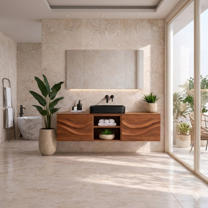 Floating Walnut Bathroom Vanity, Wall Mounted Wood Vanity Cabinet with Open Shelf Kitchnce