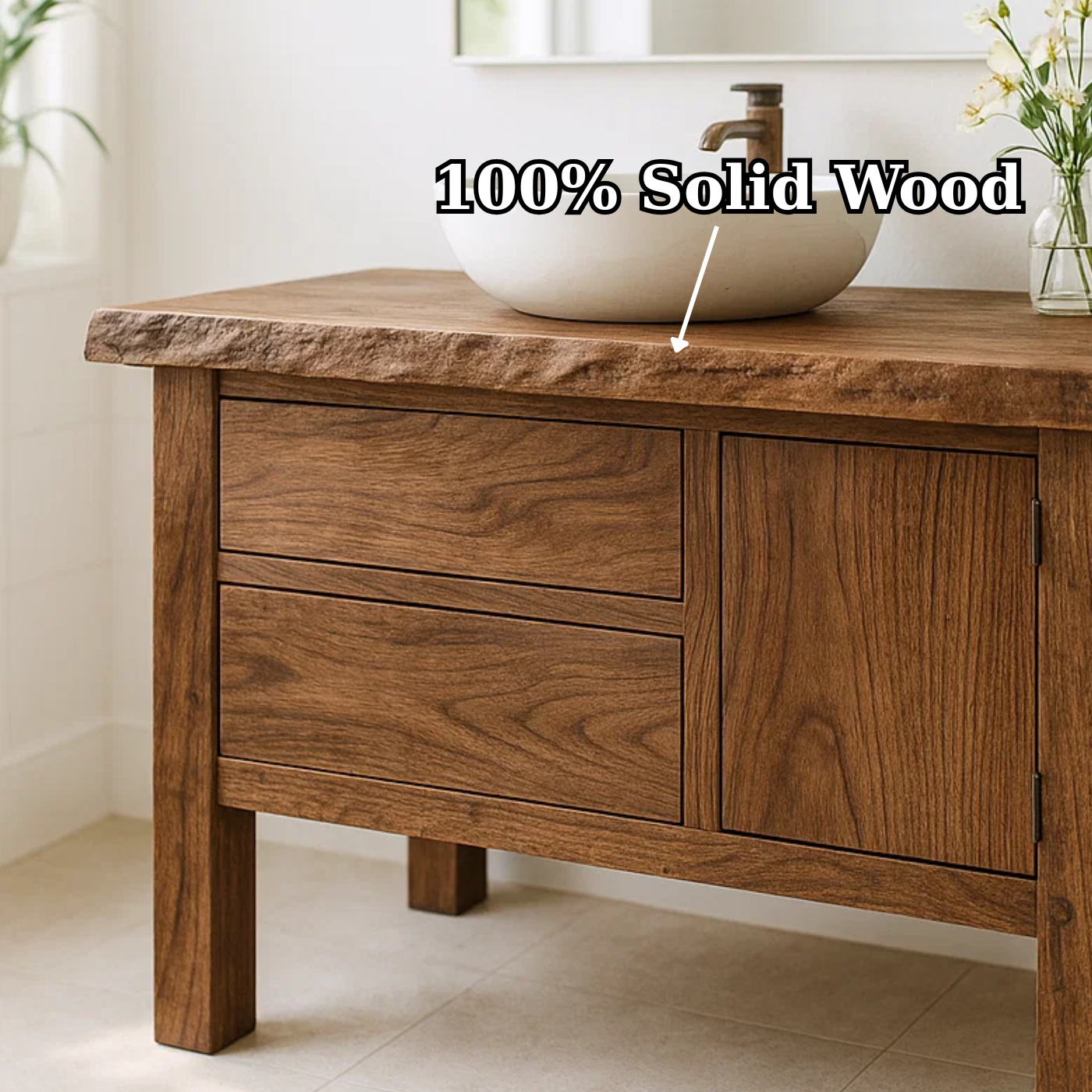 Handcrafted Solid Wood Bathroom Vanity - Live Edge Top, 2 Drawers & Single Door Cabinet Kitchnce