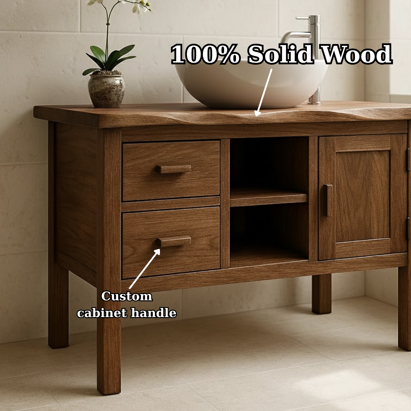 Handcrafted Solid Wood Bathroom Vanity - Live Edge Top, 2 Drawers & Open Frame Shelving (Copy) Kitchnce