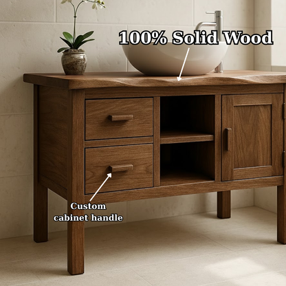 Handcrafted Solid Wood Bathroom Vanity - Live Edge Top, 2 Drawers & Open Frame Shelving (Copy) Kitchnce