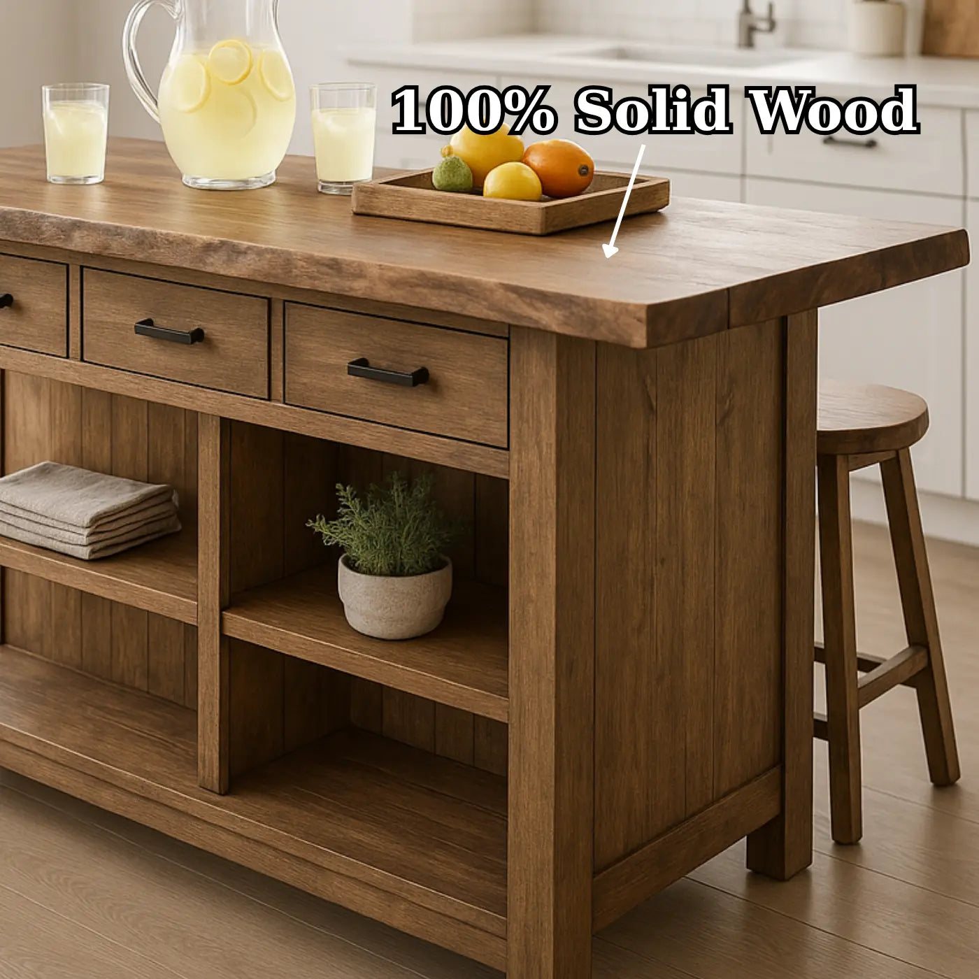 Handcrafted Solid Wood Kitchen Island - Rustic Top, 3 Drawers & Open Shelving Kitchnce