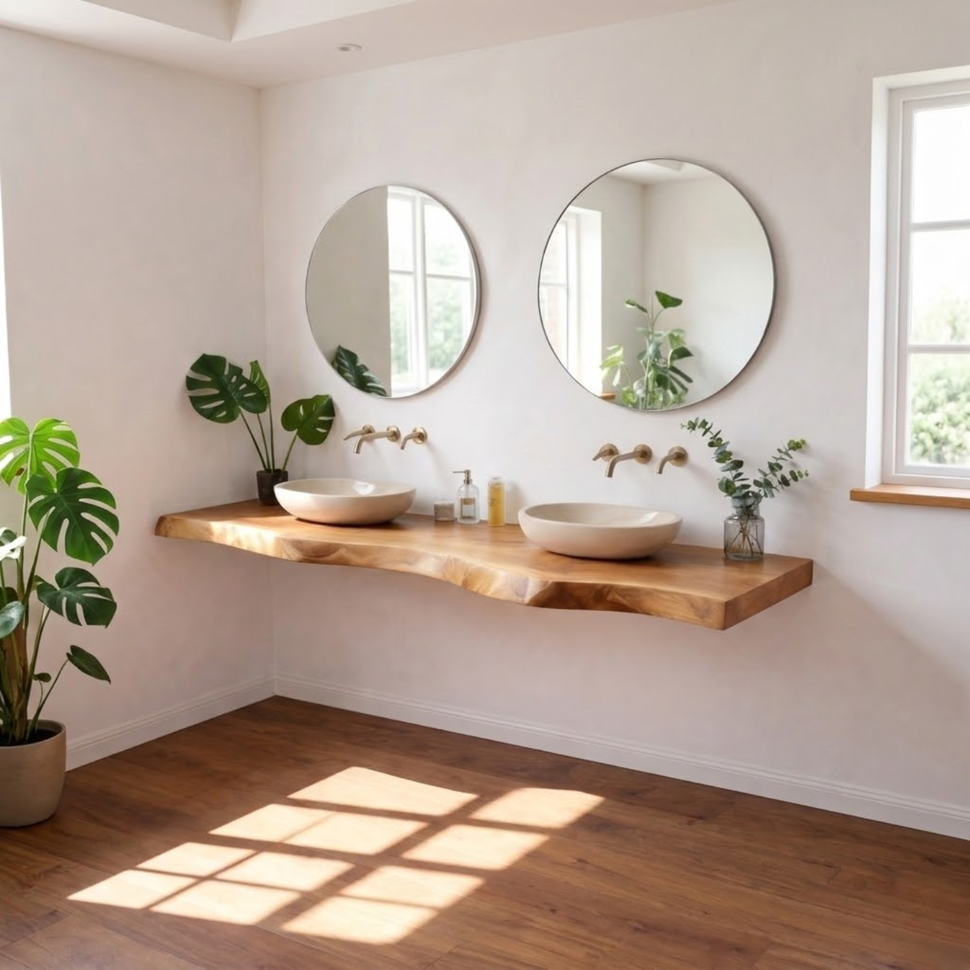 Floating Live Edge Solid Wood Double Sink Bathroom Vanity Top – Rustic Wall Mounted Wood Countertop Kitchnce