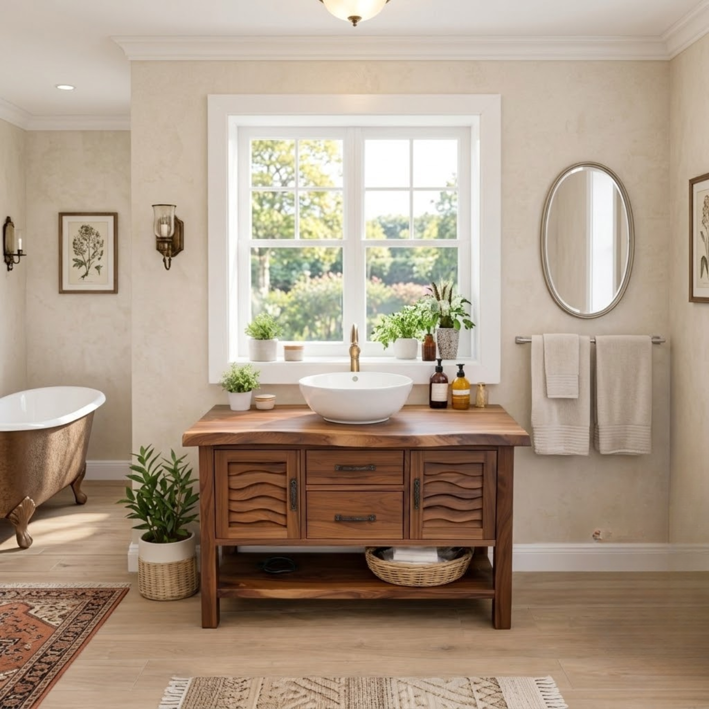 Solid Wood Bathroom Vanity with Sculpted Wave Doors and Open Shelf Kitchnce