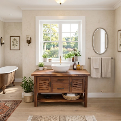 Solid Wood Bathroom Vanity with Sculpted Wave Doors and Open Shelf Kitchnce