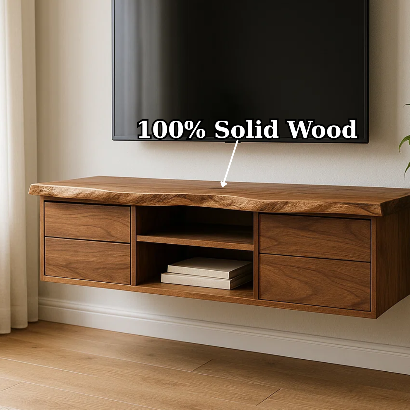 Handcrafted Solid Wood Floating TV - Live Edge Walnut, 4 Drawers & Open Shelf Kitchnce