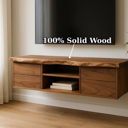Handcrafted Solid Wood Floating TV - Live Edge Walnut, 4 Drawers & Open Shelf Kitchnce