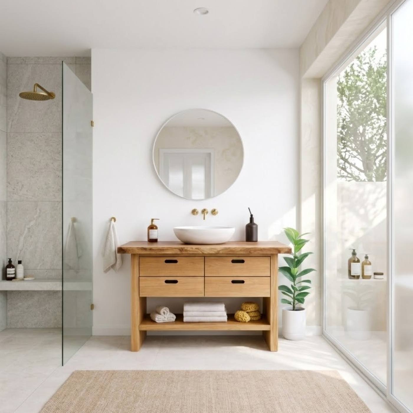 Solid Wood Bathroom Vanity Cabinet with Live Edge Top, 4 Drawers and Open Storage Shelf Kitchnce