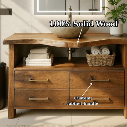 Live Edge Solid Wood Bathroom Vanity with 4 Drawers and Open Storage Shelf for Modern Rustic Interiors