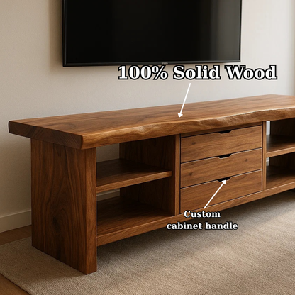 Handcrafted Solid Wood TV Stand - Live Edge Walnut, 3 Drawers & Open Shelves Kitchnce
