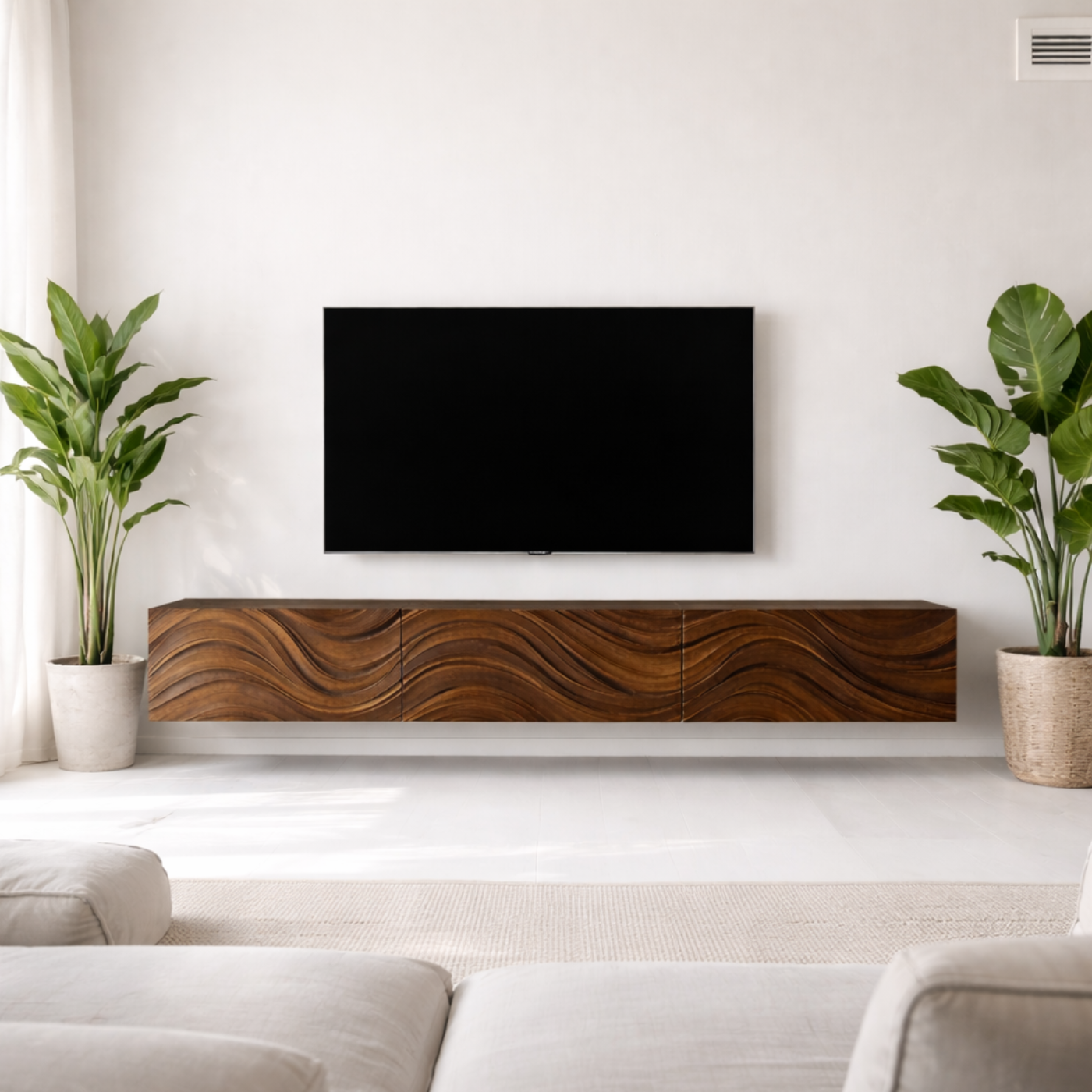 Floating Solid Wood TV Stand with Carved Wave Front – Modern Walnut Media Console Kitchnce