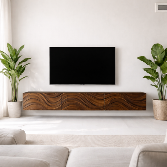 Floating Solid Wood TV Stand with Carved Wave Front – Modern Walnut Media Console Kitchnce