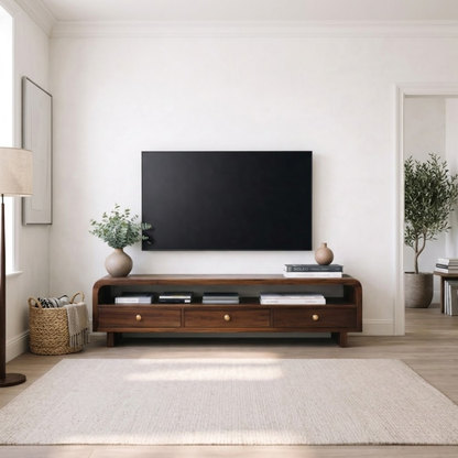 Mid Century Walnut TV Stand with Drawers – Solid Wood Media Console Cabinet Kitchnce