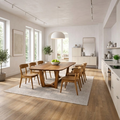 Solid Wood Rectangular Dining Table with Sculptural Base – Modern Rustic Wooden Dining Table Kitchnce