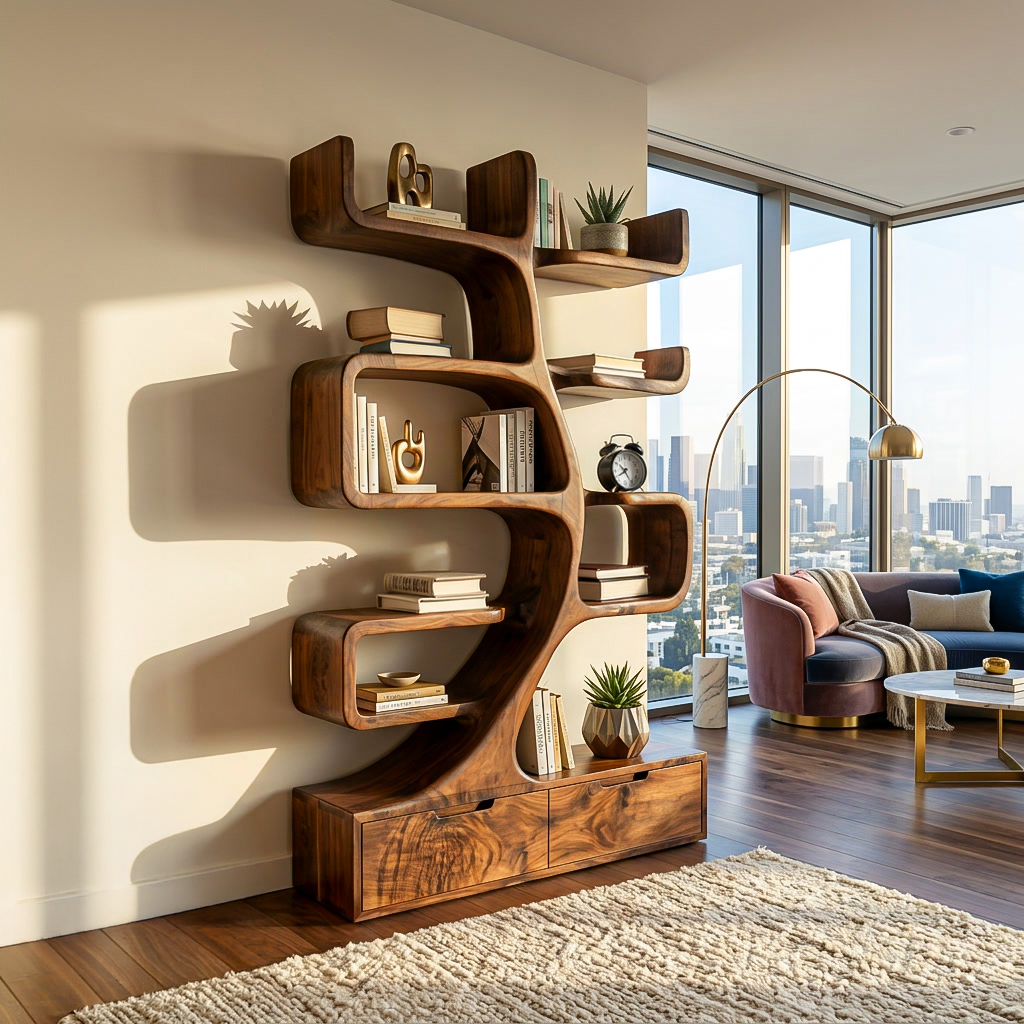 Wooden Bookcase With Tiers And Built-in Drawers For Home Kitchnce
