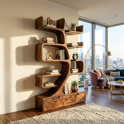 Wooden Bookcase With Tiers And Built-in Drawers For Home Kitchnce