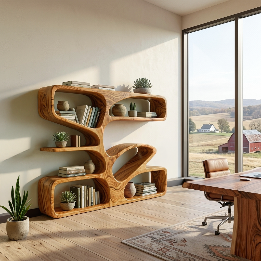 Statement Wooden Bookshelf With Sculpture Form For Home Kitchnce