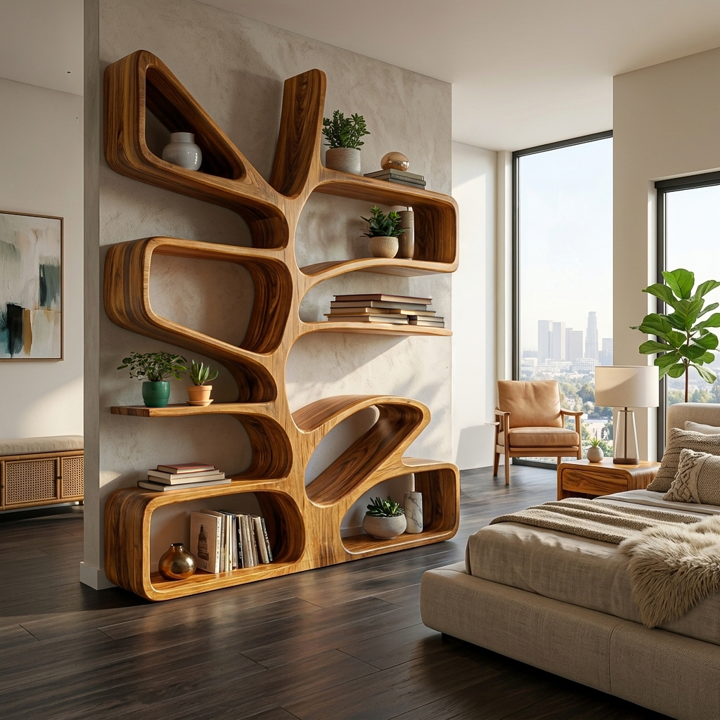 Organic Wooden Bookcase With Sculptural Form For Living Space Kitchnce