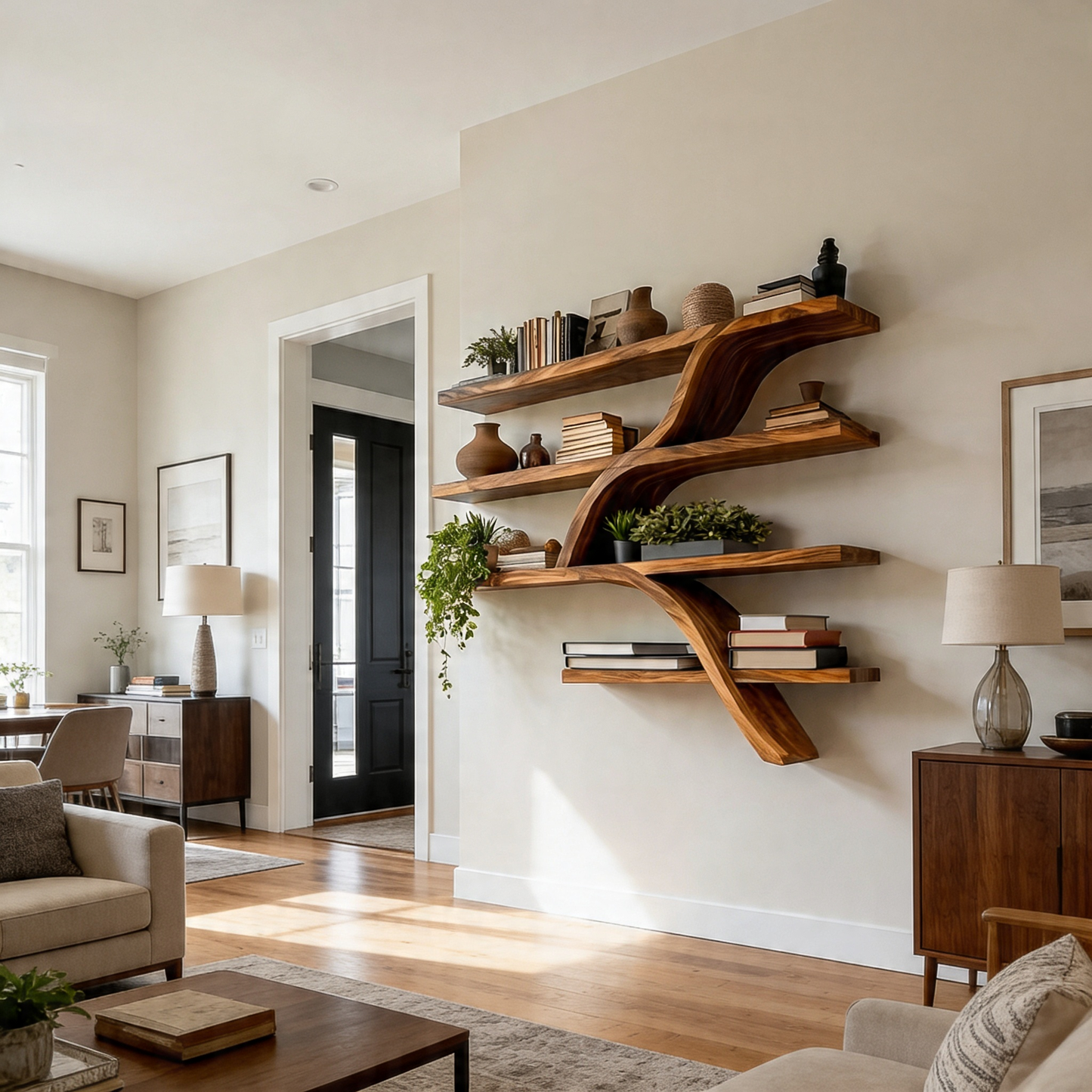 Handcrafted Wooden Wall Bookshelf With Organic Shape For Home Kitchnce