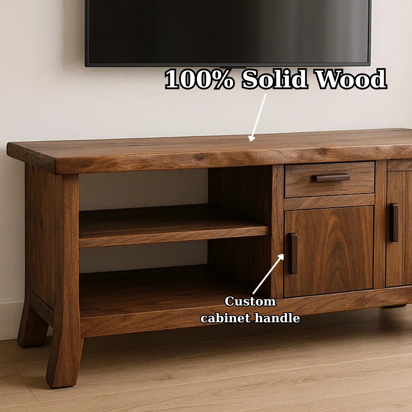 Handcrafted Solid Wood TV Stand - Live Edge Console, Drawer, Cabinet & Open Shelves Kitchnce