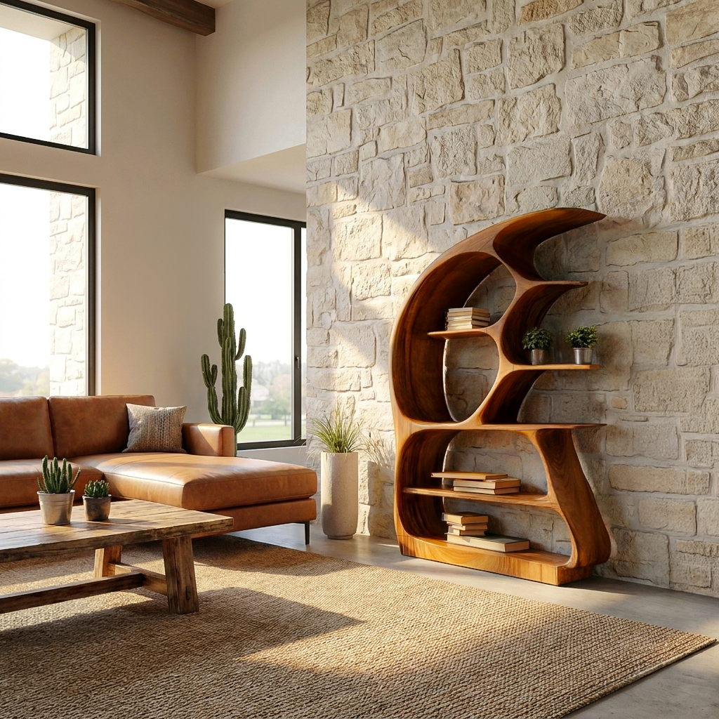 Contemporary Sculptural Wood Bookshelf For Living Room Decor Kitchnce