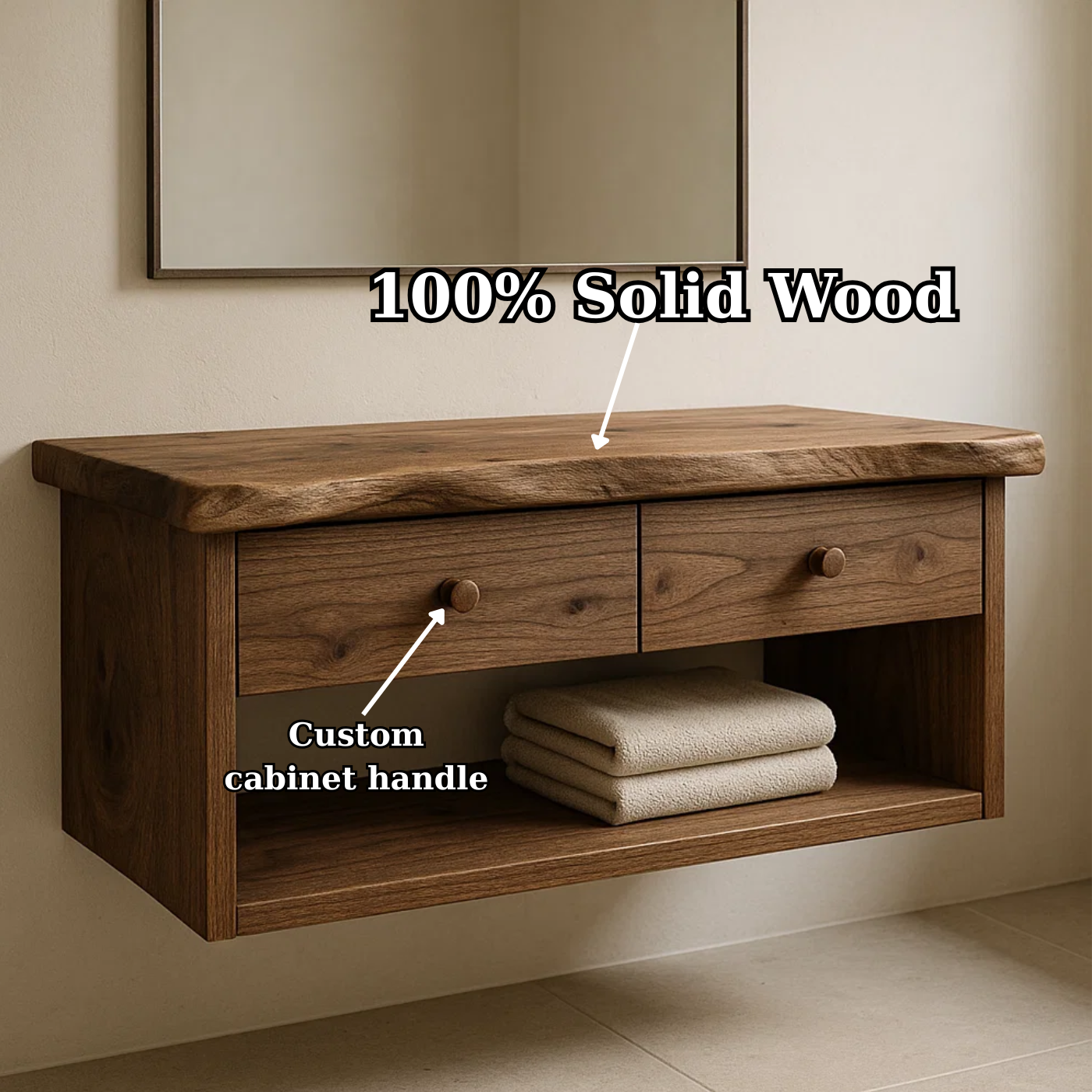 Handcrafted Solid Wood Floating Vanity - Live Edge Walnut Console with 2 Drawers & Open Shelf Kitchnce