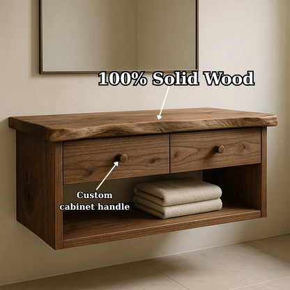 Handcrafted Solid Wood Floating Vanity - Live Edge Walnut Console with 2 Drawers & Open Shelf Kitchnce