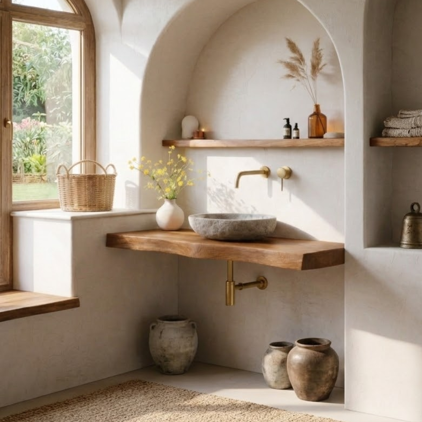 Solid Wood Floating Bathroom Vanity Shelf with Rustic Natural Finish Kitchnce
