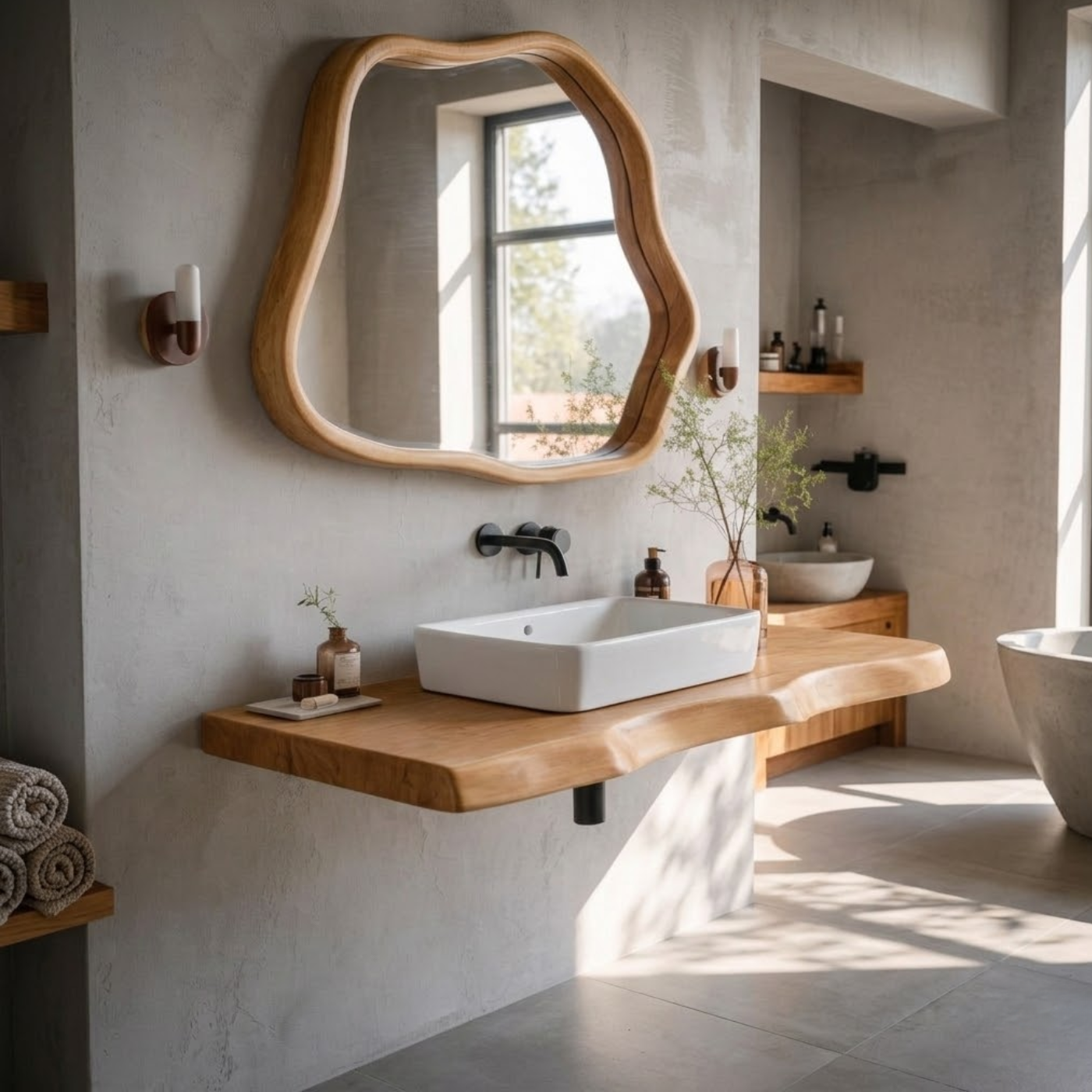 Live Edge Oak Floating Bathroom Vanity Shelf with Natural Finish Kitchnce