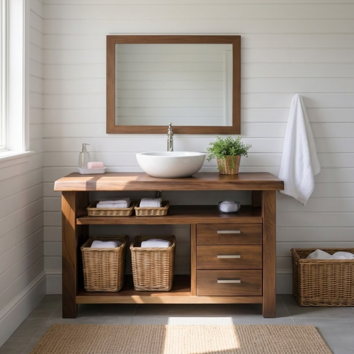 Handcraft Solid Wood Bathroom Vanity with Drawers and Open Shelf Storage Kitchnce