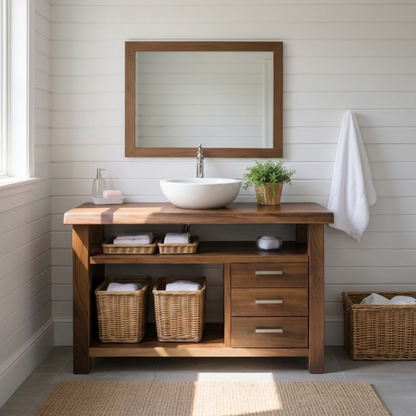 Handcraft Solid Wood Bathroom Vanity with Drawers and Open Shelf Storage Kitchnce