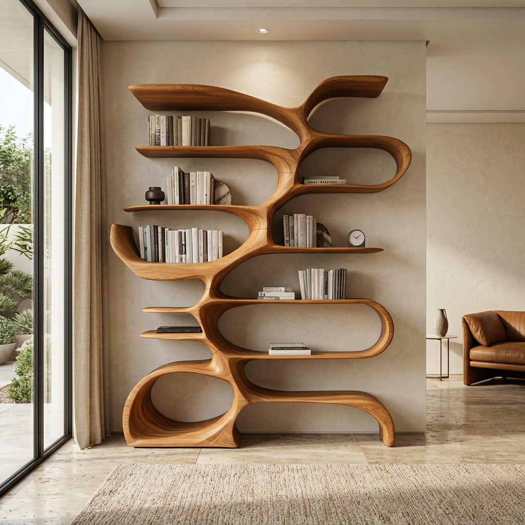 Sculptural Wooden Bookcase For Modern Living Room Storage Kitchnce