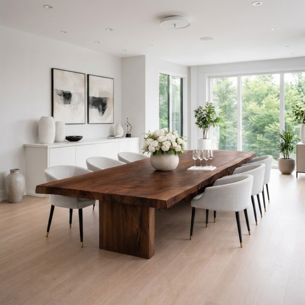 Solid Walnut Live Edge Dining Table with Sculptural Wood Base Kitchnce