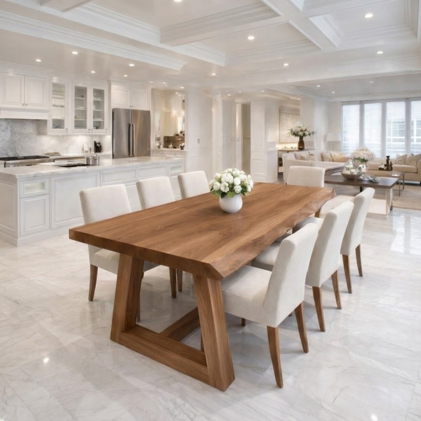 Handcrafted Solid Wood Live Edge Dining Table with Wooden Trestle Base