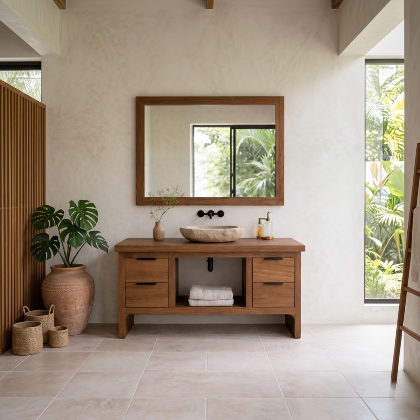Rustic Soild Wood Bathroom Vanity with Drawers and Open Shelf for Contemporary Kitchnce