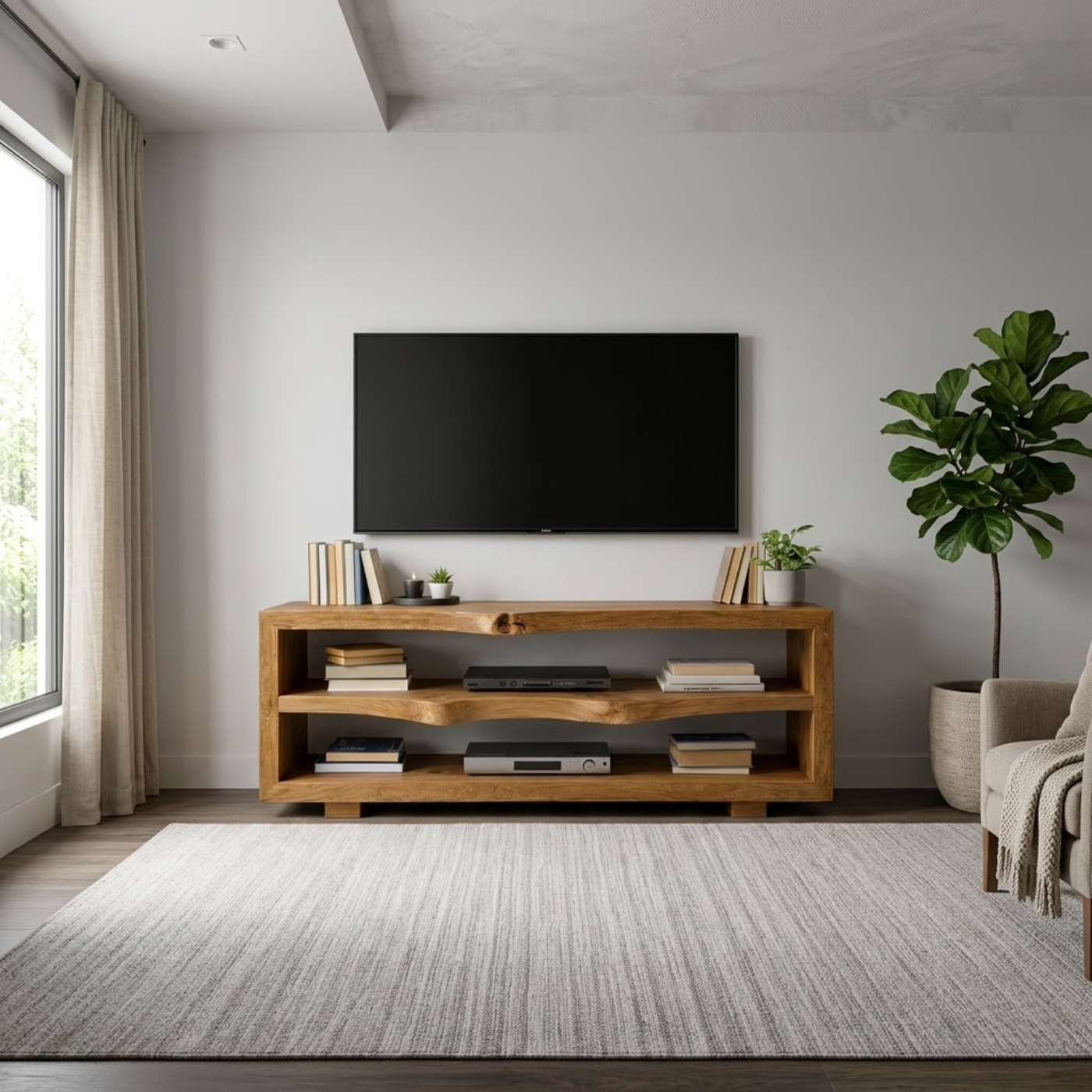 Rustic Solid Wood TV Stand with Open Shelves for Modern Living Rooms Kitchnce