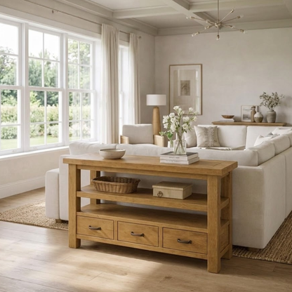 Solid Wood Console Table with Drawers and Open Shelf Kitchnce