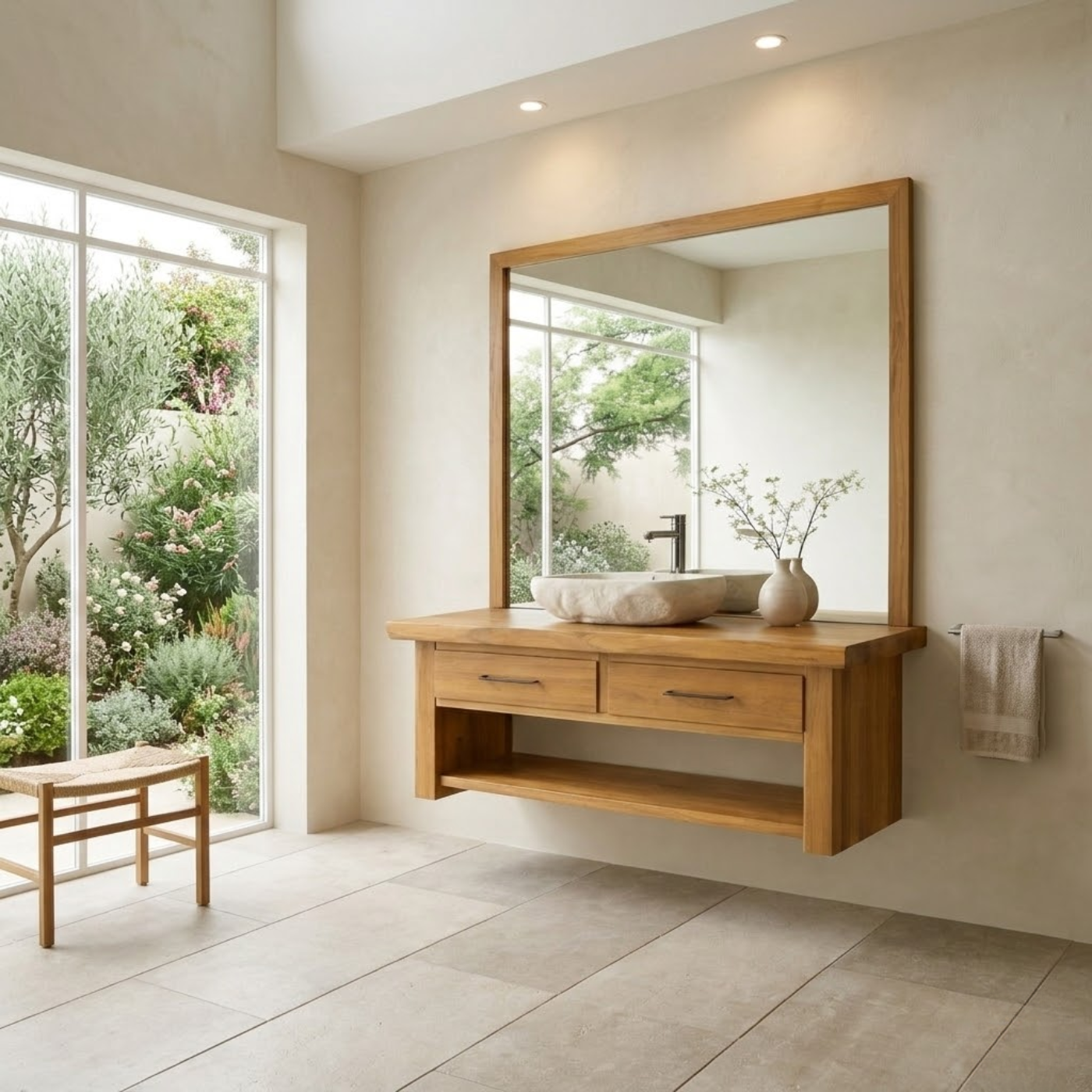 Floating Solid Wood Bathroom Vanity with Storage Shelf Kitchnce