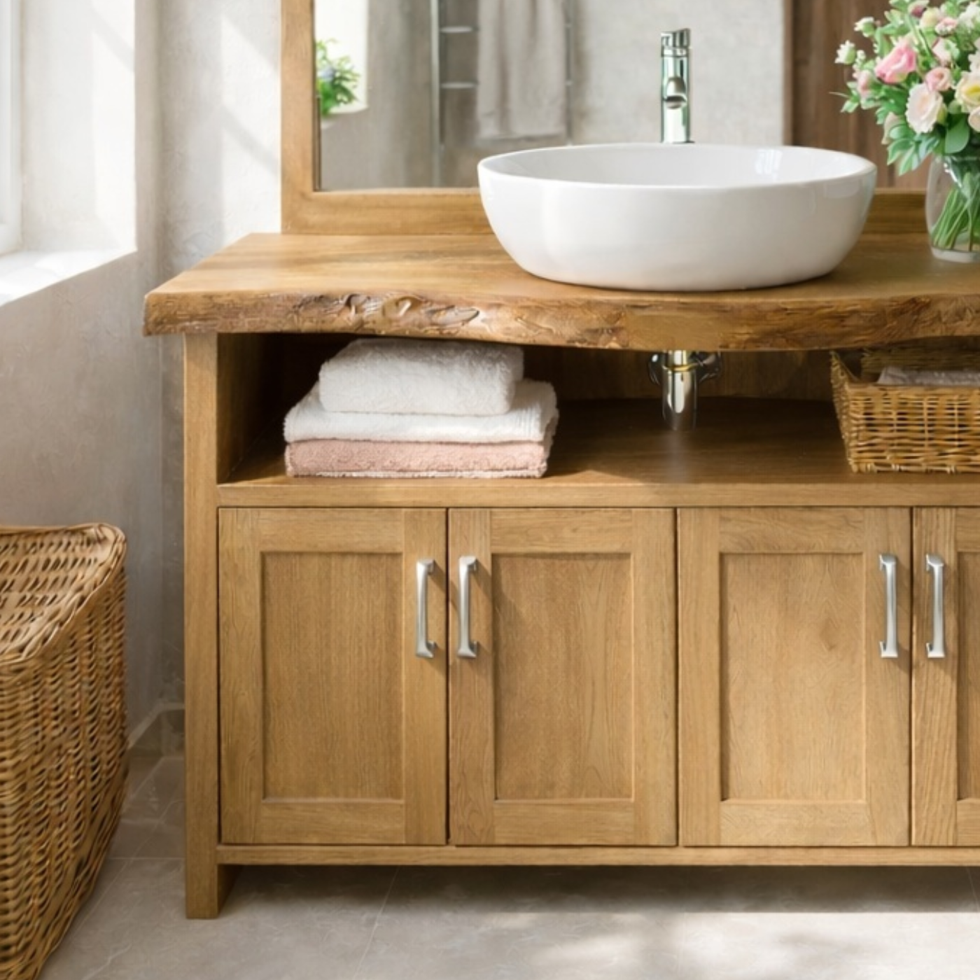 Live Edge Oak Bathroom Vanity with Storage for Bathroom Organization