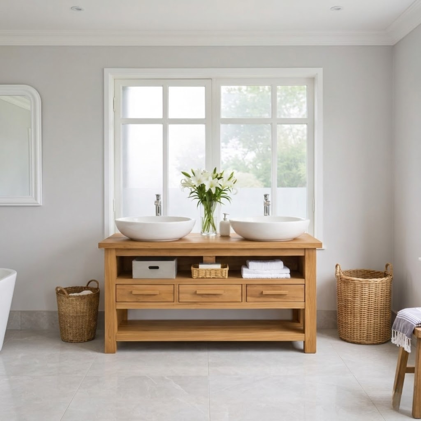 Solid Oak Double Bathroom Vanity with Storage for Spacious Bathrooms