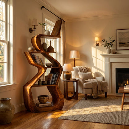 Sculptural Wooden Bookshelf For Living Room Corner Kitchnce