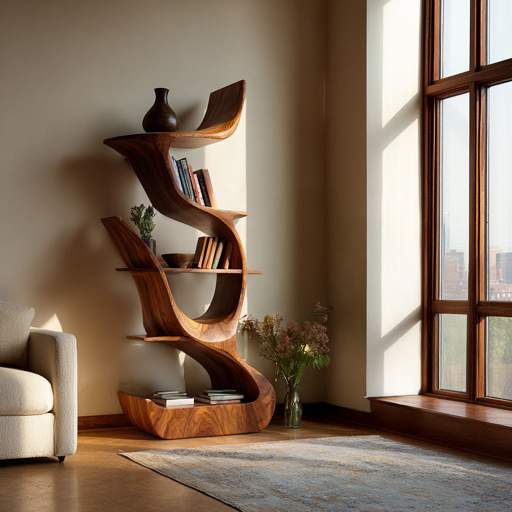 Contemporary Organic Wooden Bookshelf For Living Room Corner Kitchnce