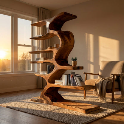 Organic Sculptural Wooden Bookshelf With Tiers For Living Room Kitchnce