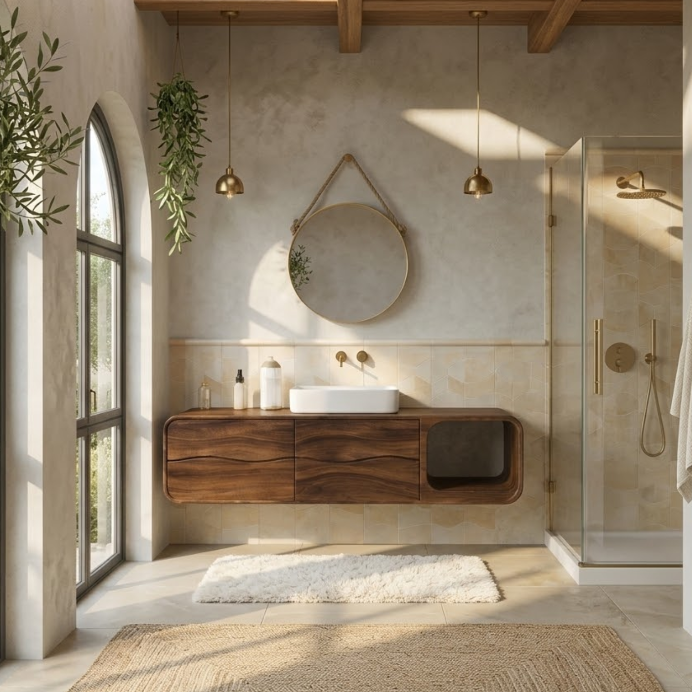 Floating Solid Wood Bathroom Vanity with Drawers and Open Shelf Kitchnce