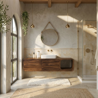 Floating Solid Wood Bathroom Vanity with Drawers and Open Shelf Kitchnce
