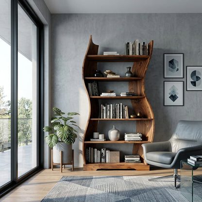 Contemporary Flowing Wooden Bookshelf For Living Room Kitchnce